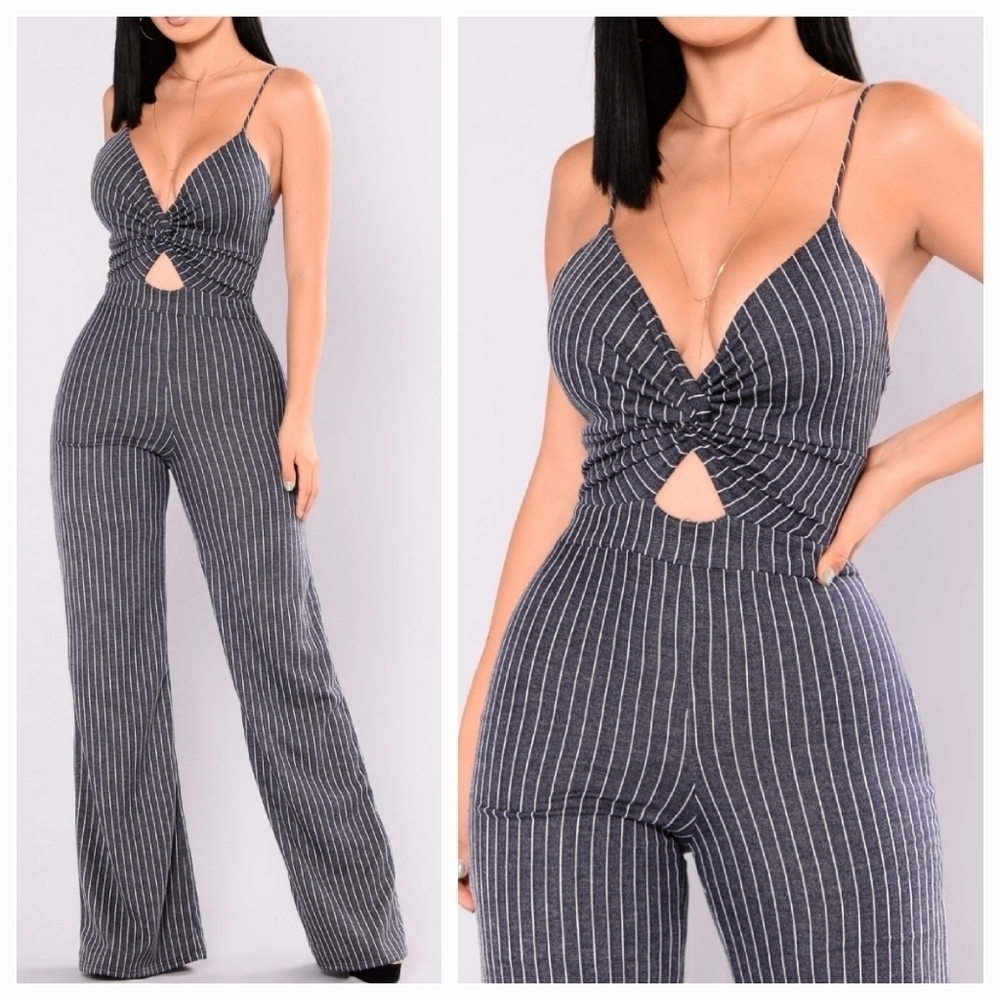 Cherry Mellow Blue White Pinstripe Cut Out Jumpsuit Medium